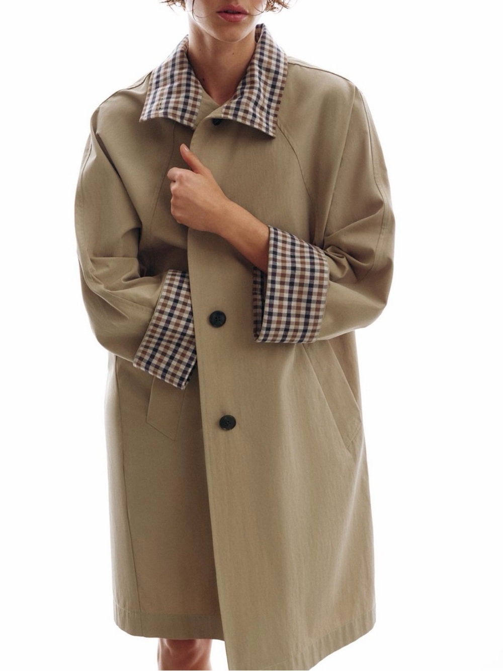 NWT- Taupe Trench Coat with Plaid Cuff Detail